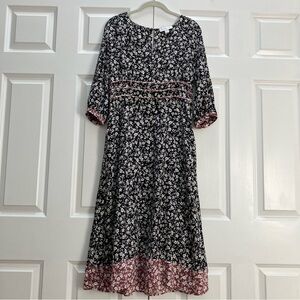 Amour Vert 100% Silk Floral Print Midi Dress 90s Vibe size Small